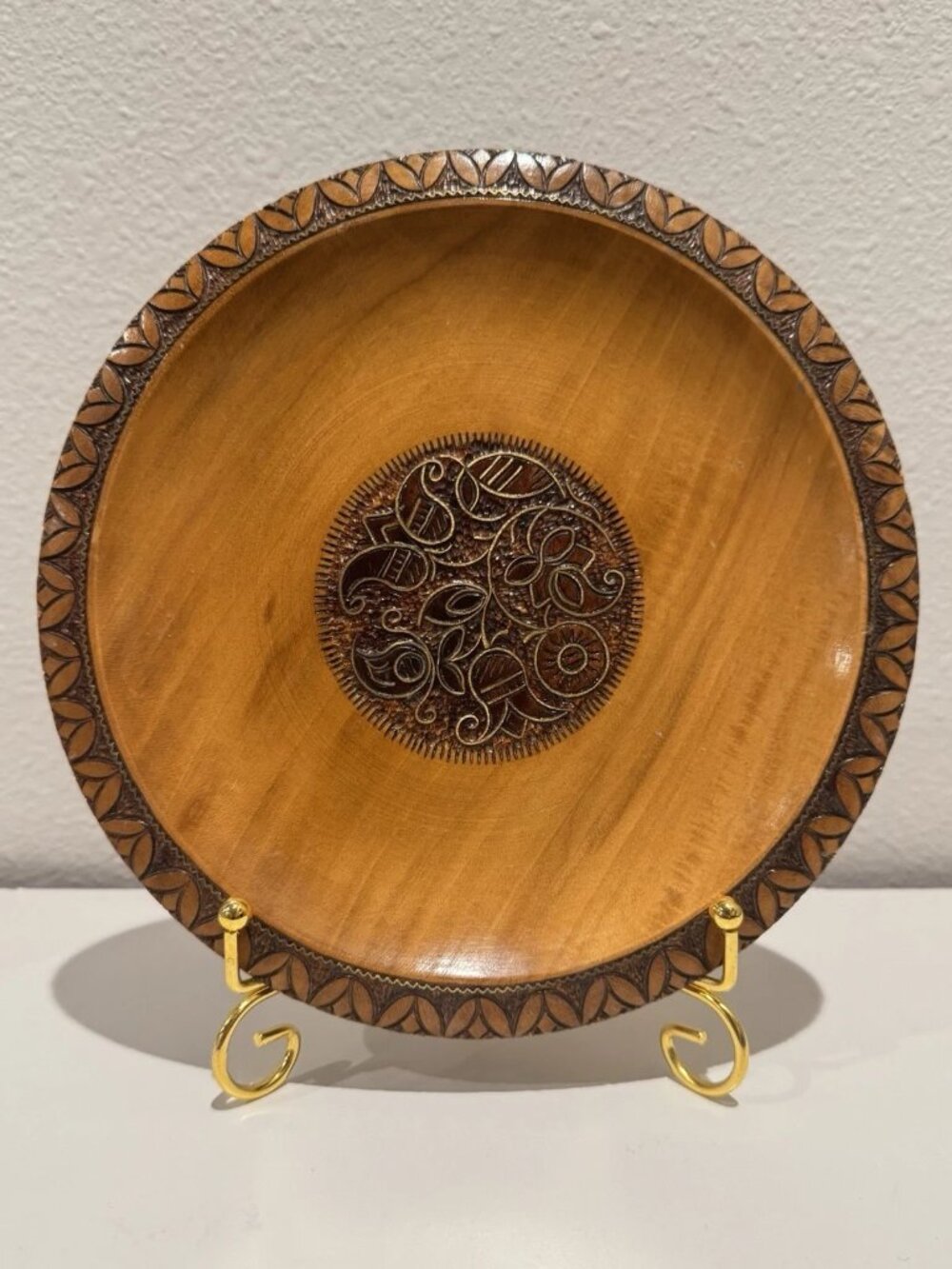 Vintage Hand Carved Wooden Decorative Plate Rustic Wall Hanging Folk Art Wood